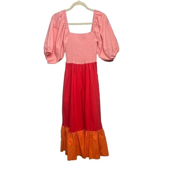 RHODE Eloise Colorblock Smocked Strawberry Multi Midi Dress Sz. S - Picture 3 of 8